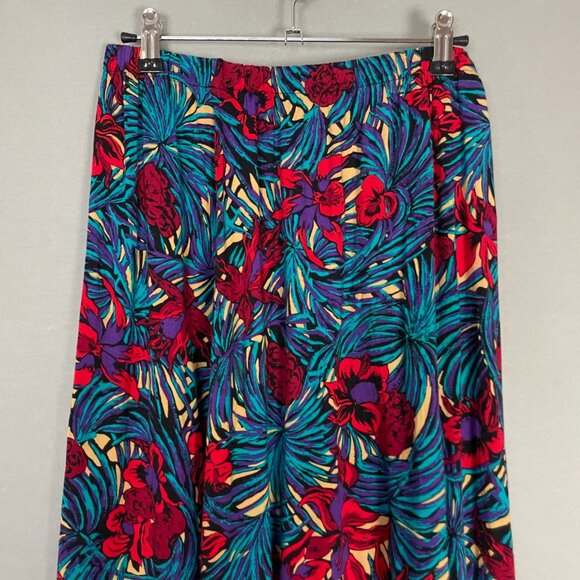 Vintage Skirt Tropical Floral Elastic Waistband Blue Red Eclectic Maximalist 80s - Picture 4 of 8